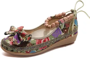 TangDao Women's Retro Women Ethnic Beading Round Toe Floral Embroidered Shoes Women Lace Up Casual Ballet Flats Shoes