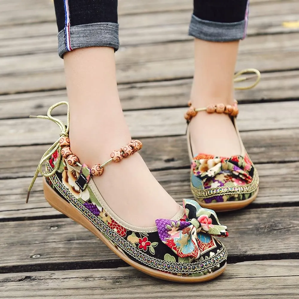 TangDao Women's Retro Women Ethnic Beading Round Toe Floral Embroidered Shoes Women Lace Up Casual Ballet Flats Shoes