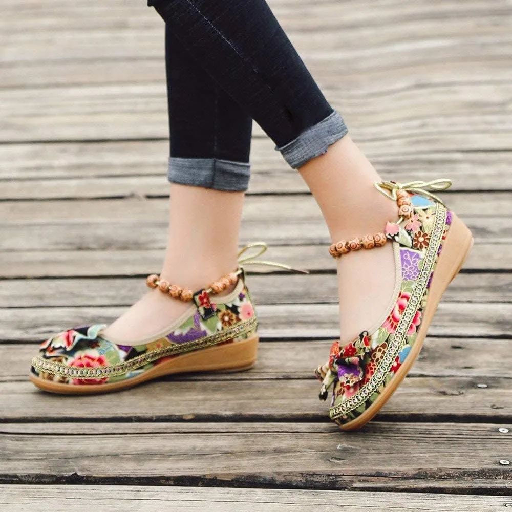 TangDao Women's Retro Women Ethnic Beading Round Toe Floral Embroidered Shoes Women Lace Up Casual Ballet Flats Shoes
