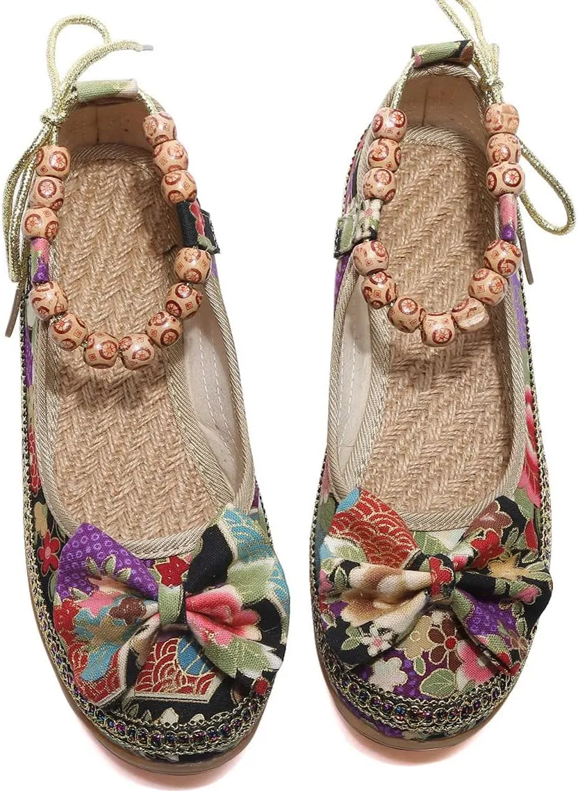 TangDao Women's Retro Women Ethnic Beading Round Toe Floral Embroidered Shoes Women Lace Up Casual Ballet Flats Shoes
