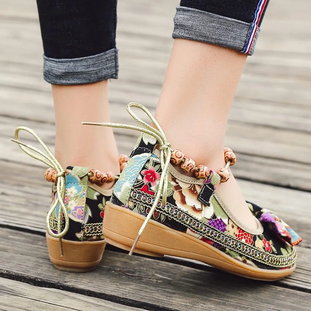 TangDao Women's Retro Women Ethnic Beading Round Toe Floral Embroidered Shoes Women Lace Up Casual Ballet Flats Shoes