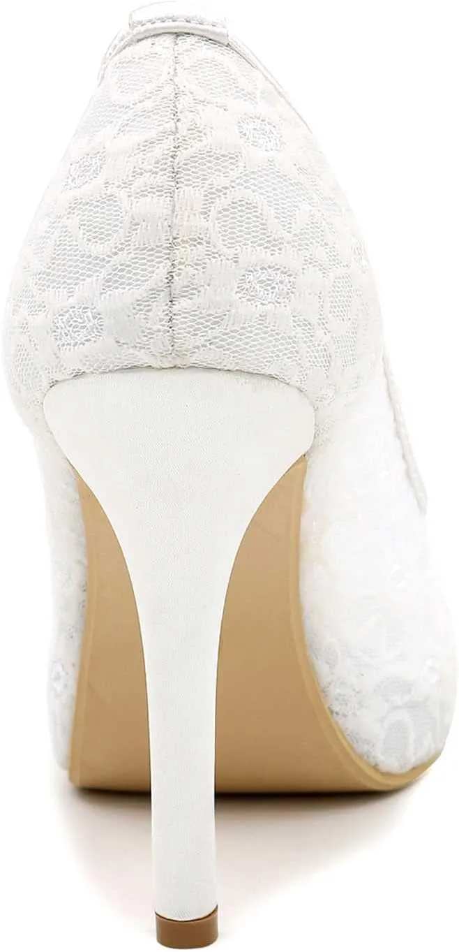 TarfiC Women Ivory Lace Mesh Satin Bridal Wedding Shoes for Women Comfortable Sandals Peep Toe Pumps