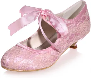 TarfiC Women's Wedding Shoes Closed Toe Heel Lace Satin Pumps with Mid Heel Tie Up Lace Flower Bridal Shoes