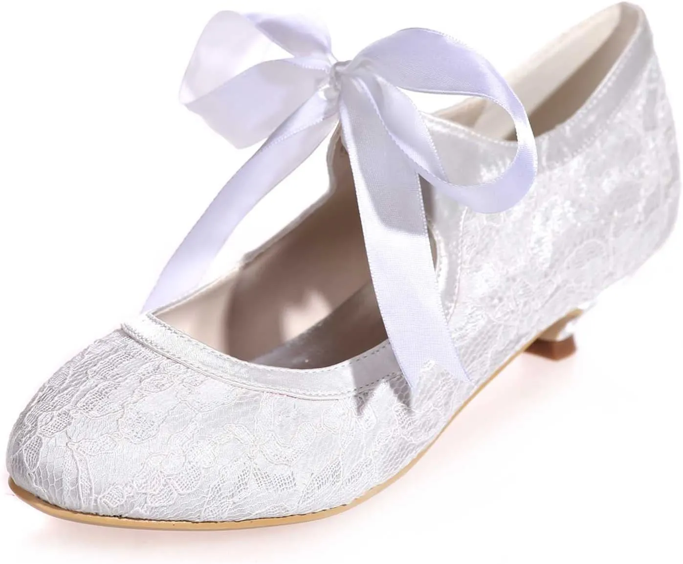 TarfiC Women's Wedding Shoes Closed Toe Heel Lace Satin Pumps with Mid Heel Tie Up Lace Flower Bridal Shoes