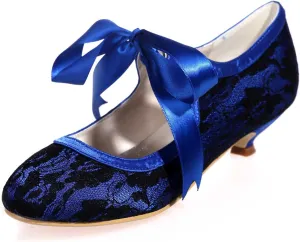 TarfiC Women's Wedding Shoes Closed Toe Heel Lace Satin Pumps with Mid Heel Tie Up Lace Flower Bridal Shoes