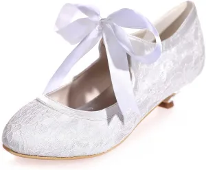 TarfiC Women's Wedding Shoes Closed Toe Heel Lace Satin Pumps with Mid Heel Tie Up Lace Flower Bridal Shoes