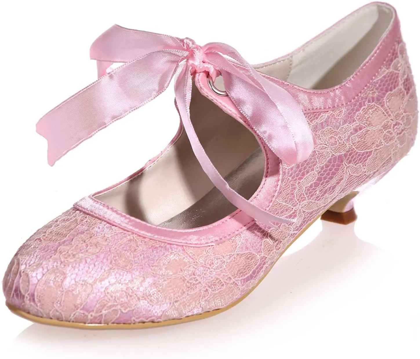 TarfiC Women's Wedding Shoes Closed Toe Heel Lace Satin Pumps with Mid Heel Tie Up Lace Flower Bridal Shoes