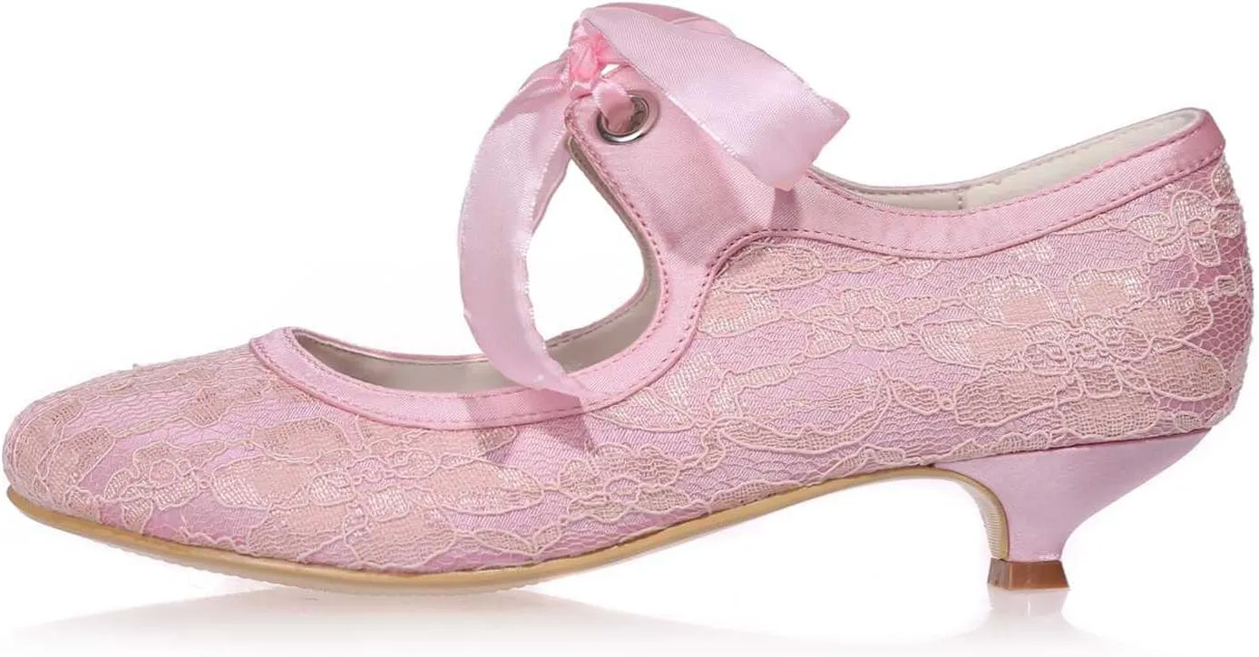 TarfiC Women's Wedding Shoes Closed Toe Heel Lace Satin Pumps with Mid Heel Tie Up Lace Flower Bridal Shoes