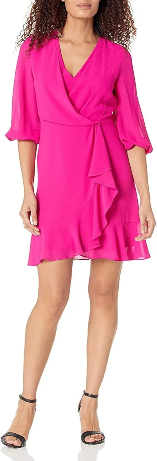 Taylor Women's Petite V-Neck 3/4 Sleeve Solid Faux Wrap Crepe Dress