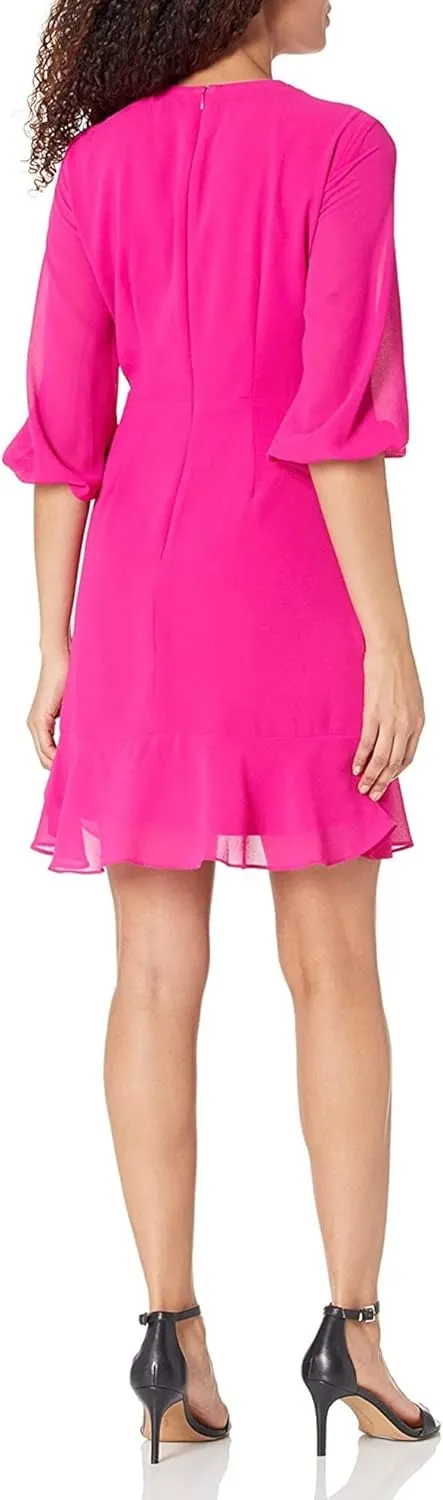 Taylor Women's Petite V-Neck 3/4 Sleeve Solid Faux Wrap Crepe Dress