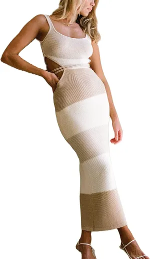 Thopavenoir Women's Knit Strapless Maxi Dress Side Cutout Backless Ribbed Long Dresses Bodycon Y2k Tube Top Beach Dresses
