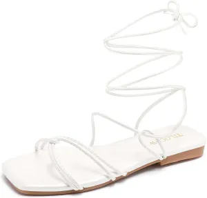 Tilocow Womens Gladiator Strappy Sandals Flats Slides Thong Lace up Dressy Summer Roman Shoes