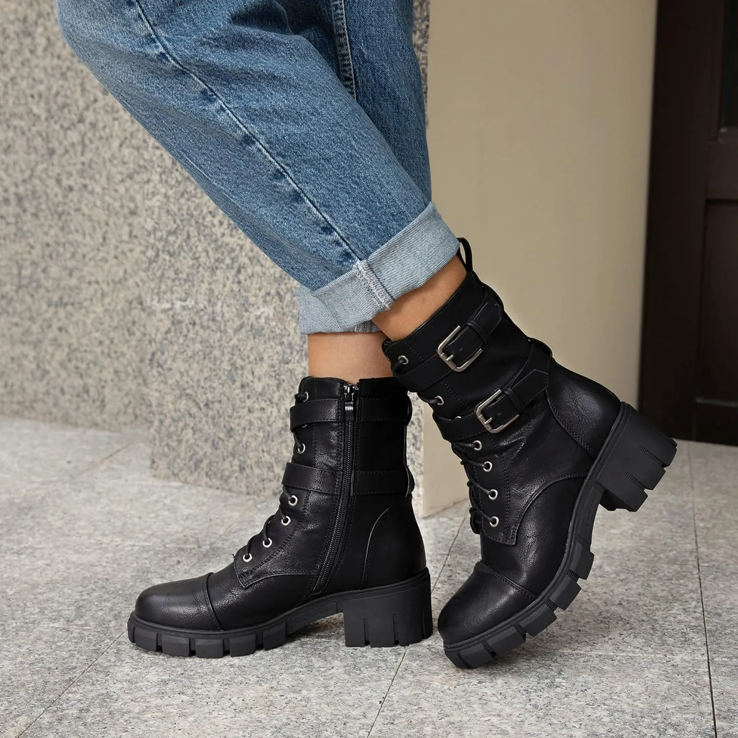 Tobfis Women's Combat Boots Side Zipper Buckle Chunky Heel Ankle Booties