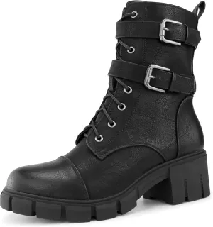 Tobfis Women's Combat Boots Side Zipper Buckle Chunky Heel Ankle Booties
