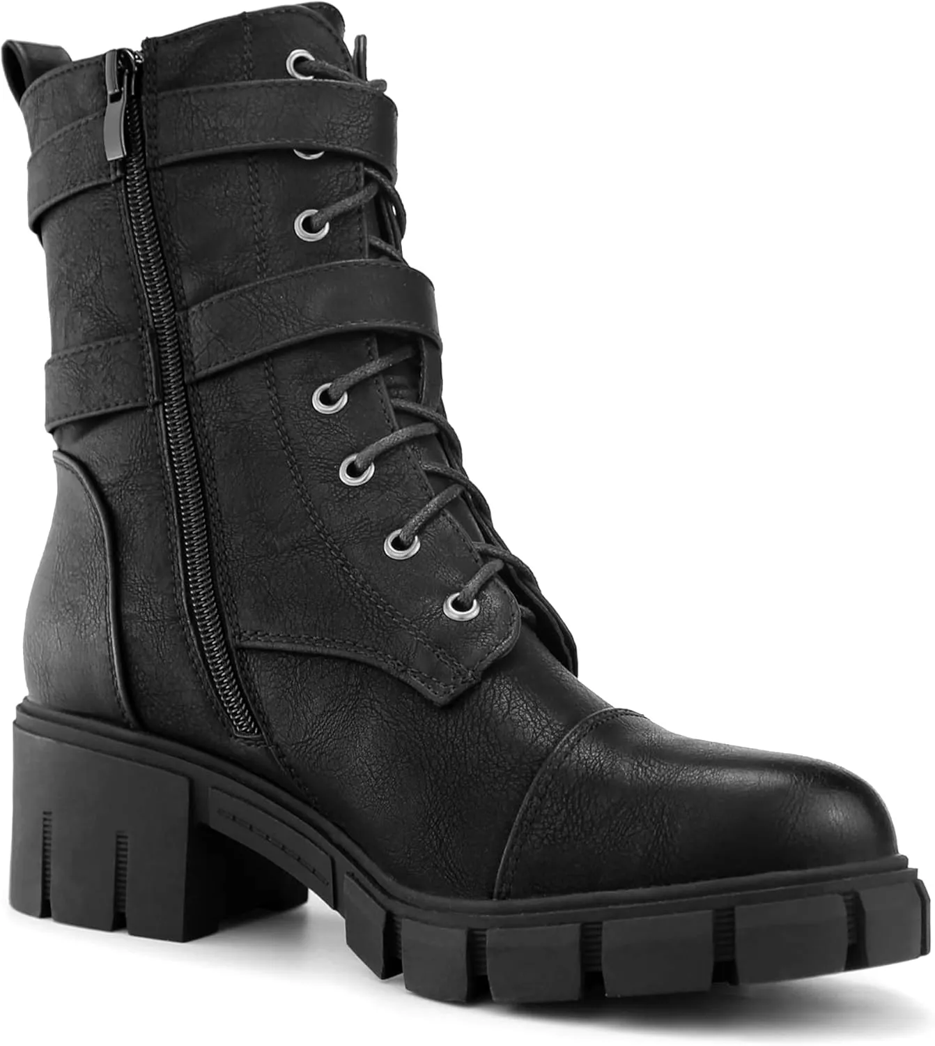 Tobfis Women's Combat Boots Side Zipper Buckle Chunky Heel Ankle Booties