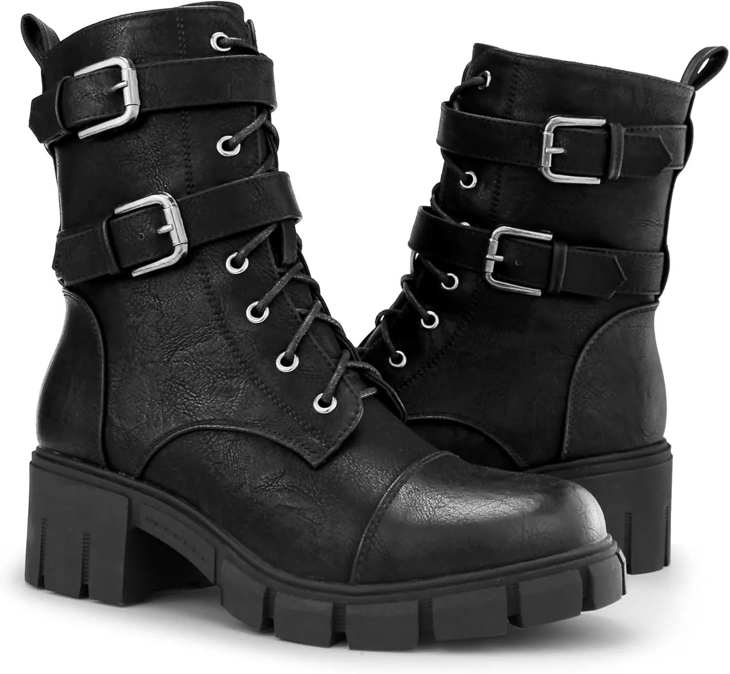 Tobfis Women's Combat Boots Side Zipper Buckle Chunky Heel Ankle Booties