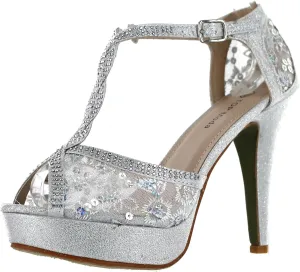 TOP Moda Womens Hy5 Formal Evening Party Lace Ankle T-Strap Peep Toe Stiletto High Heel Pumps,Silver-1,6