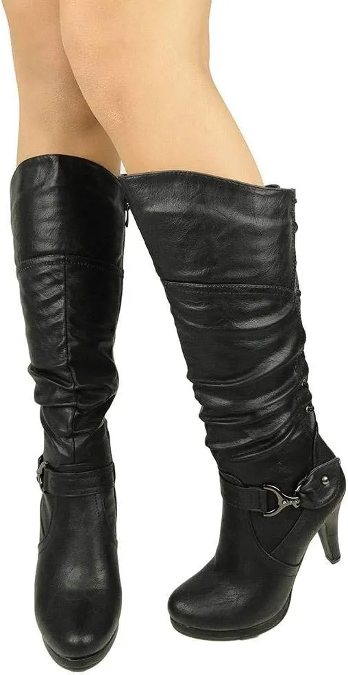 TOP Moda Womens Page-65 Knee High Round Toe Lace-Up Slouched High Heel Boots