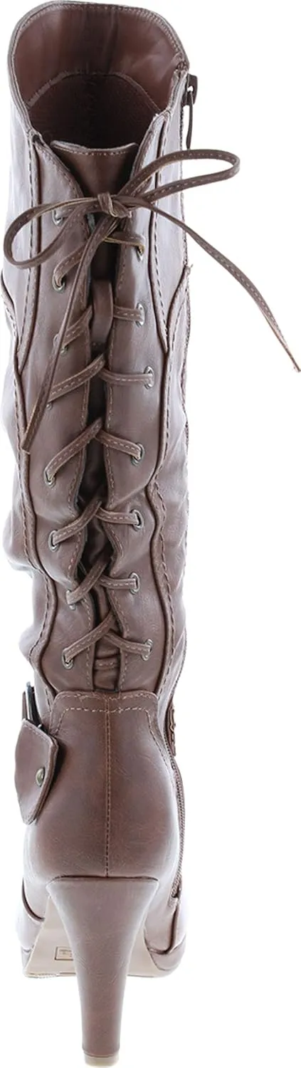 TOP Moda Womens Page-65 Knee High Round Toe Lace-Up Slouched High Heel Boots