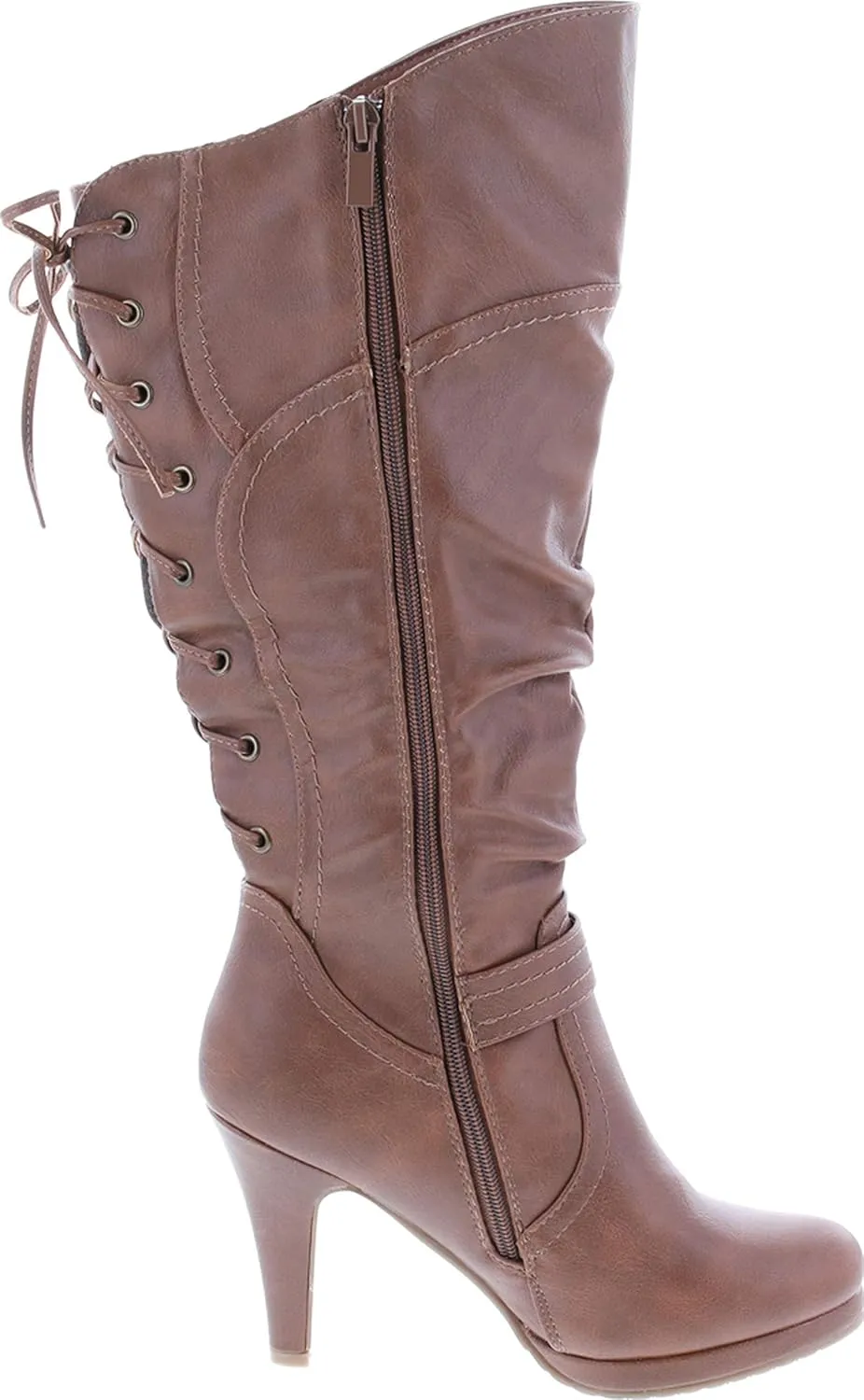 TOP Moda Womens Page-65 Knee High Round Toe Lace-Up Slouched High Heel Boots