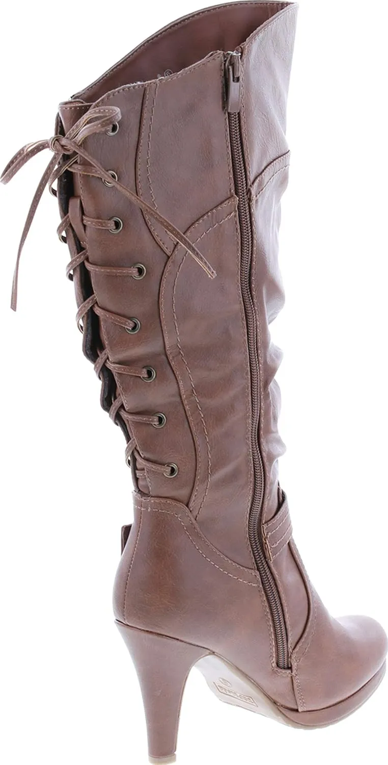 TOP Moda Womens Page-65 Knee High Round Toe Lace-Up Slouched High Heel Boots