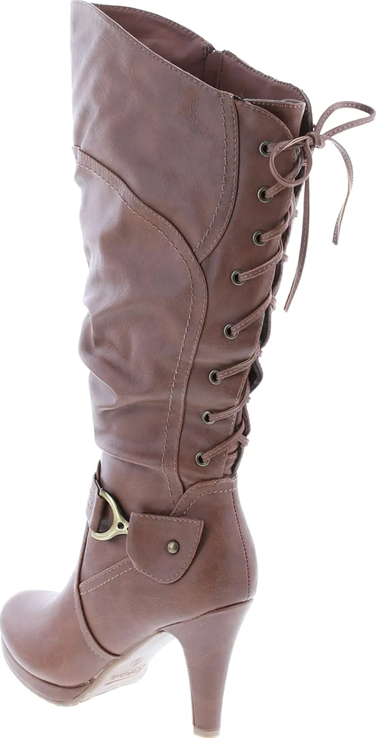 TOP Moda Womens Page-65 Knee High Round Toe Lace-Up Slouched High Heel Boots