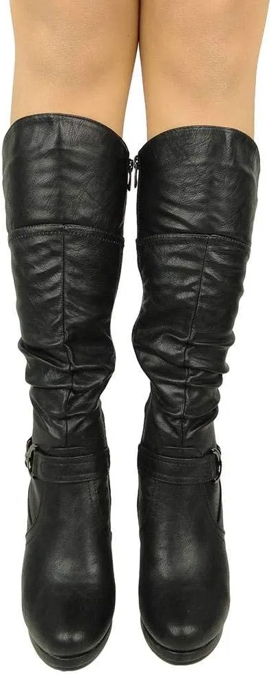 TOP Moda Womens Page-65 Knee High Round Toe Lace-Up Slouched High Heel Boots