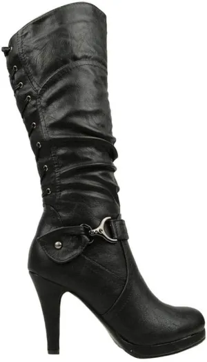 TOP Moda Womens Page-65 Knee High Round Toe Lace-Up Slouched High Heel Boots