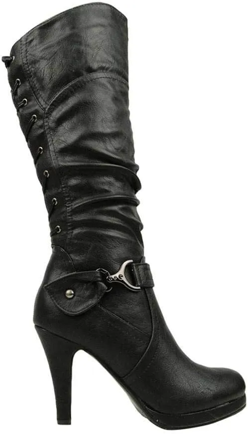TOP Moda Womens Page-65 Knee High Round Toe Lace-Up Slouched High Heel Boots