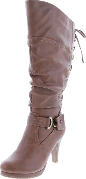 TOP Moda Womens Page-65 Knee High Round Toe Lace-Up Slouched High Heel Boots