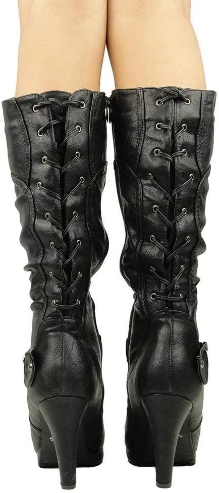 TOP Moda Womens Page-65 Knee High Round Toe Lace-Up Slouched High Heel Boots
