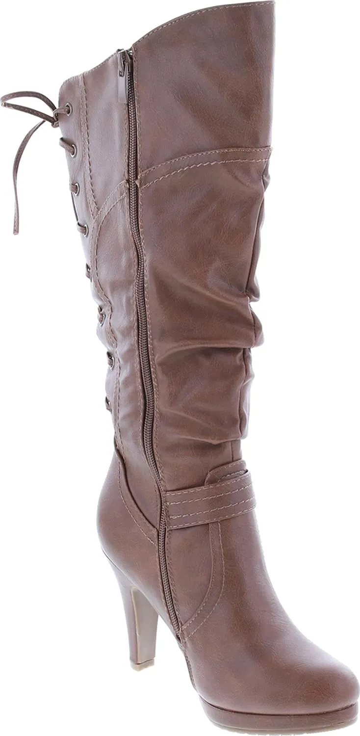 TOP Moda Womens Page-65 Knee High Round Toe Lace-Up Slouched High Heel Boots