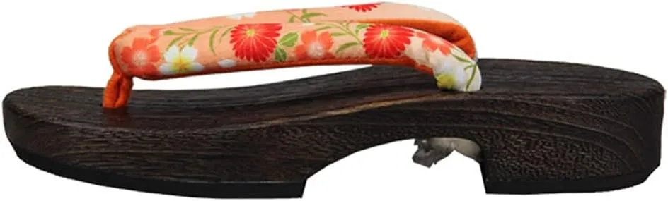Traditional Clogs Geta Wooden Slippers Women's Japanese Sandals, Breathable Daily Sandals and Slippers Flat-heeled Clogs with Flower Art Matching Halloween Costumes