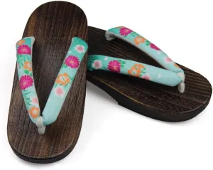 Traditional Clogs Geta Wooden Slippers Women's Japanese Sandals, Breathable Daily Sandals and Slippers Flat-heeled Clogs with Flower Art Matching Halloween Costumes