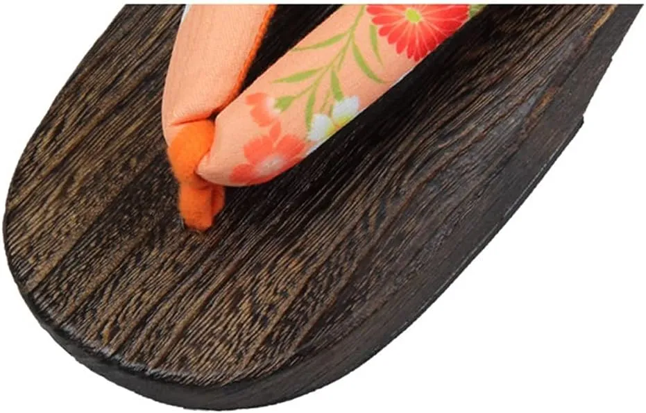Traditional Clogs Geta Wooden Slippers Women's Japanese Sandals, Breathable Daily Sandals and Slippers Flat-heeled Clogs with Flower Art Matching Halloween Costumes