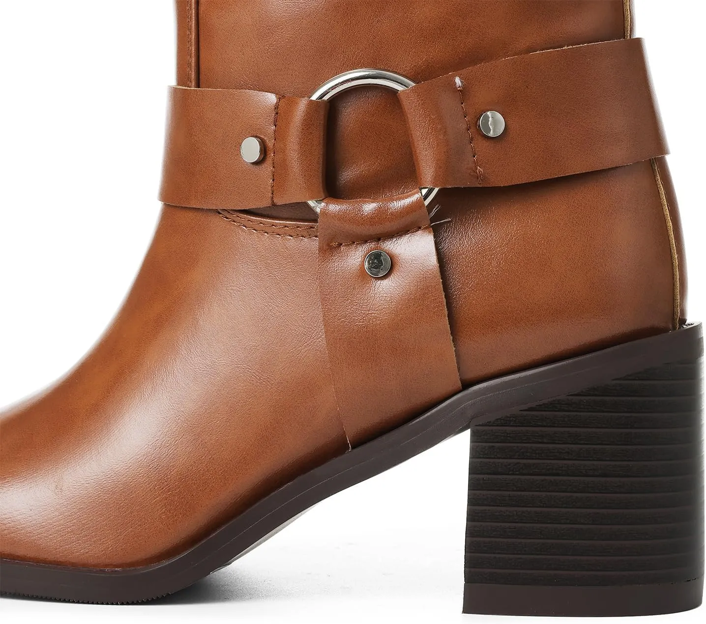 Tscoyuki Women's Knee High Boots, Chunky Heel Square Toe Tall Boots for Women Wide Calf Slip On Motorcycle Riding Boots