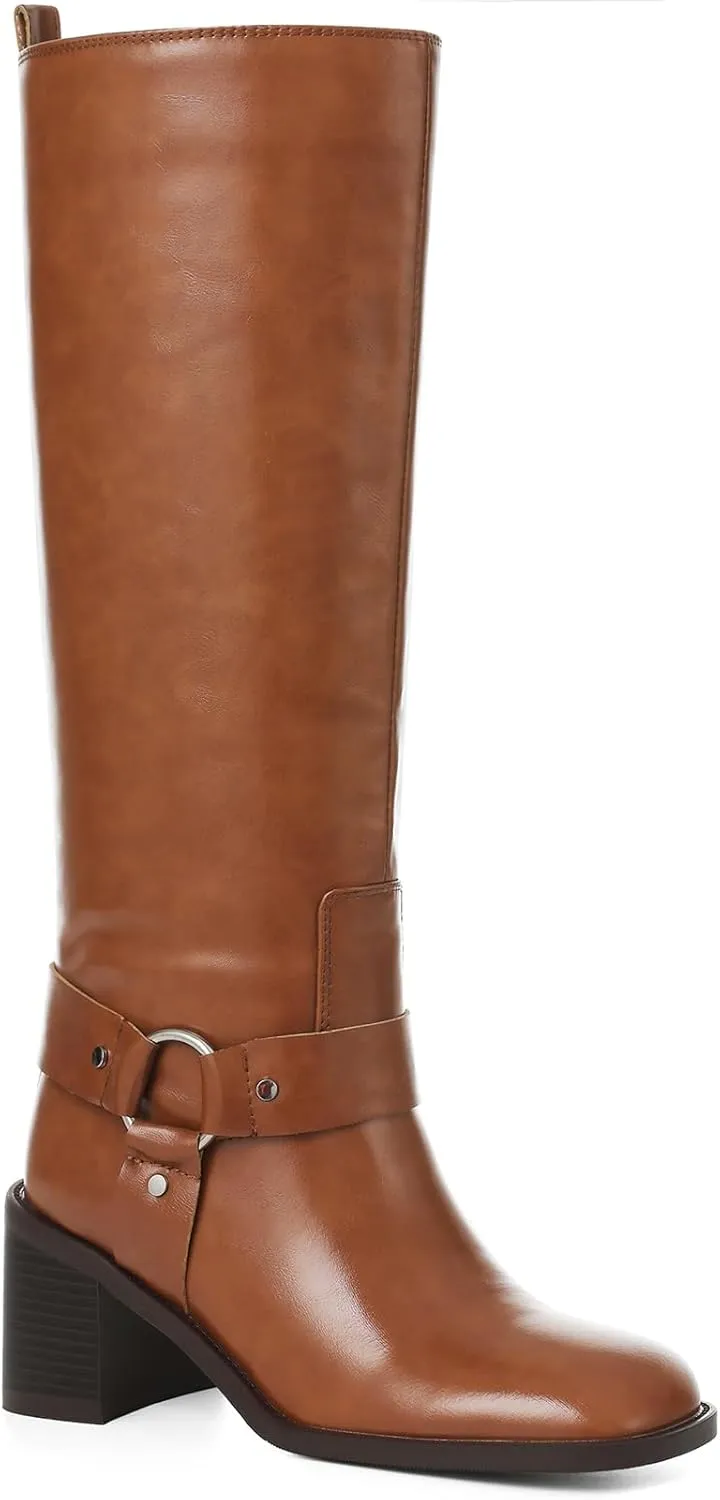 Tscoyuki Women's Knee High Boots, Chunky Heel Square Toe Tall Boots for Women Wide Calf Slip On Motorcycle Riding Boots
