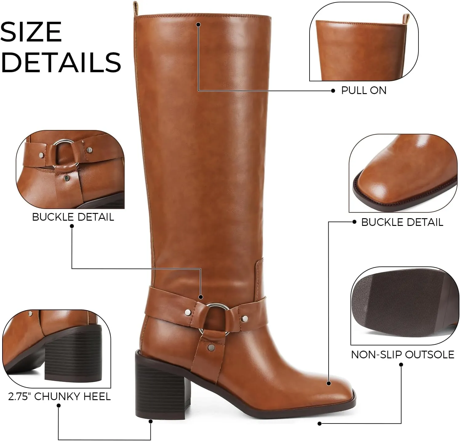 Tscoyuki Women's Knee High Boots, Chunky Heel Square Toe Tall Boots for Women Wide Calf Slip On Motorcycle Riding Boots