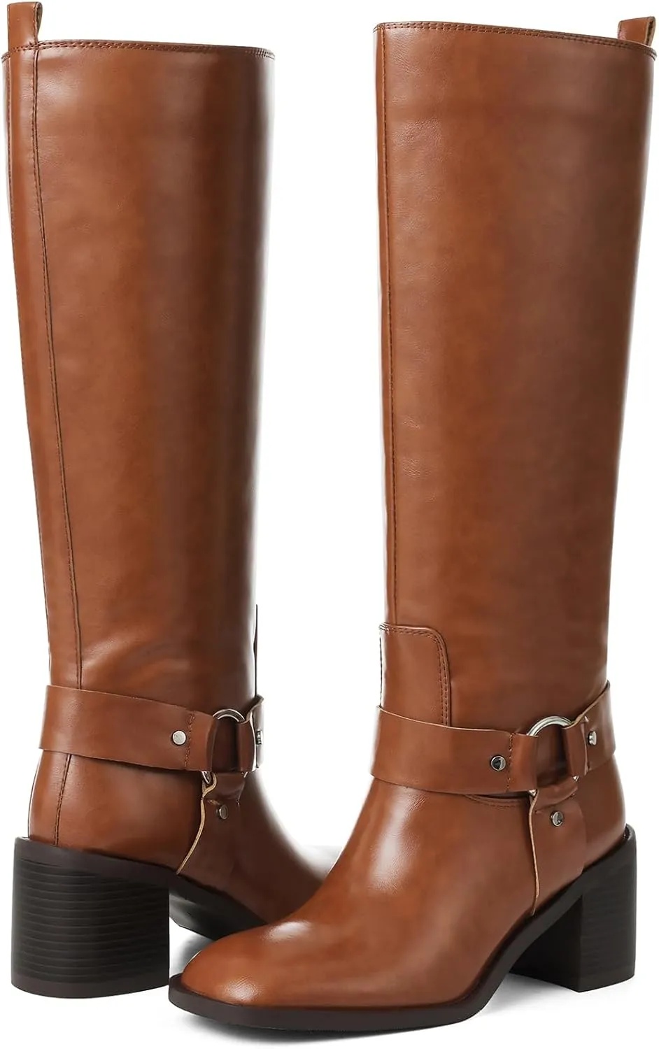 Tscoyuki Women's Knee High Boots, Chunky Heel Square Toe Tall Boots for Women Wide Calf Slip On Motorcycle Riding Boots