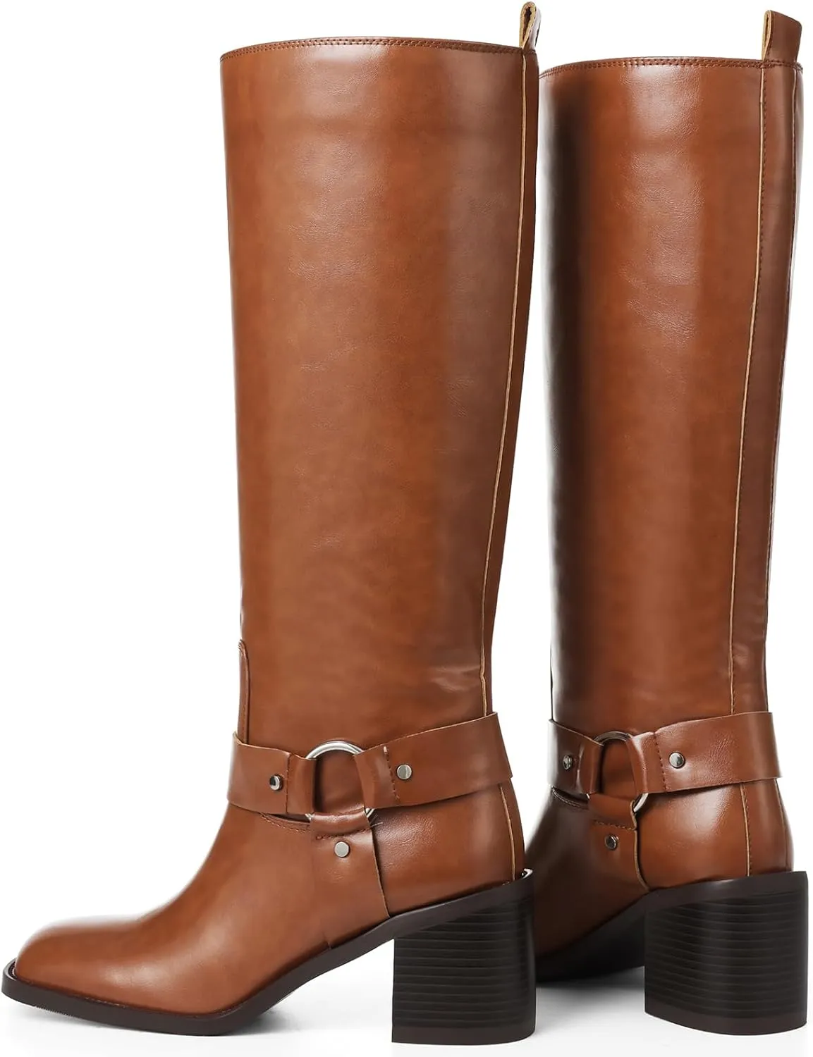 Tscoyuki Women's Knee High Boots, Chunky Heel Square Toe Tall Boots for Women Wide Calf Slip On Motorcycle Riding Boots