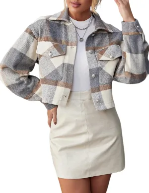 UANEO Womens Cropped Plaid Shacket Button Down Short Flannel Shirt Jacket with Pockets