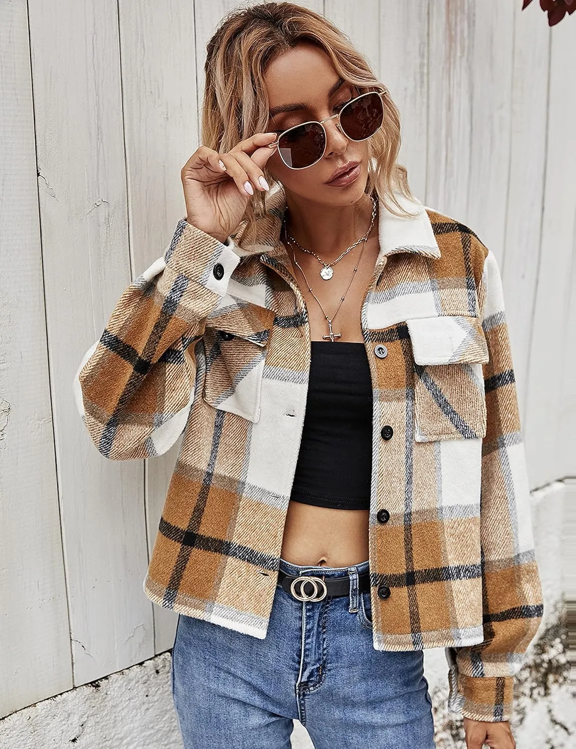 UANEO Womens Cropped Plaid Shacket Button Down Short Flannel Shirt Jacket with Pockets