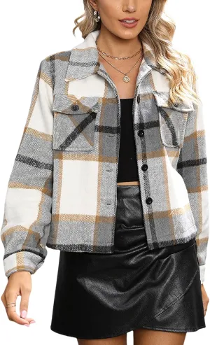 UANEO Womens Cropped Plaid Shacket Button Down Short Flannel Shirt Jacket with Pockets
