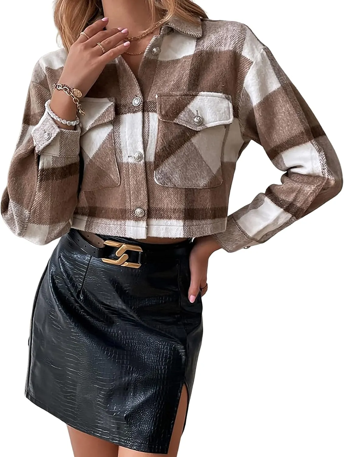 UANEO Womens Cropped Plaid Shacket Button Down Short Flannel Shirt Jacket with Pockets