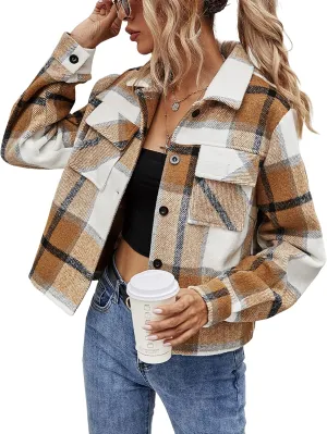 UANEO Womens Cropped Plaid Shacket Button Down Short Flannel Shirt Jacket with Pockets