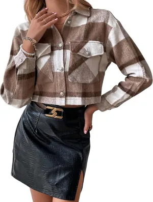UANEO Womens Cropped Plaid Shacket Button Down Short Flannel Shirt Jacket with Pockets
