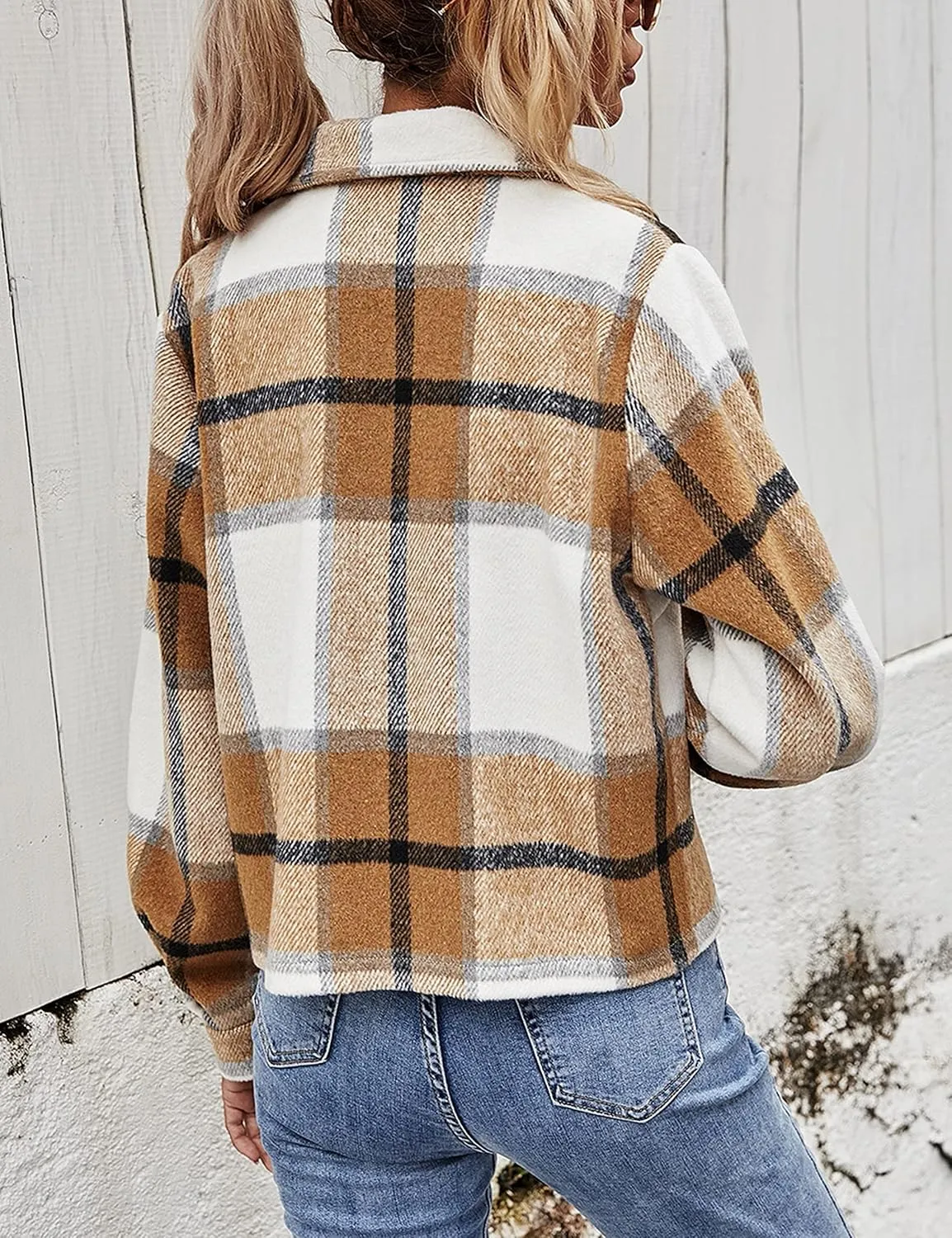 UANEO Womens Cropped Plaid Shacket Button Down Short Flannel Shirt Jacket with Pockets
