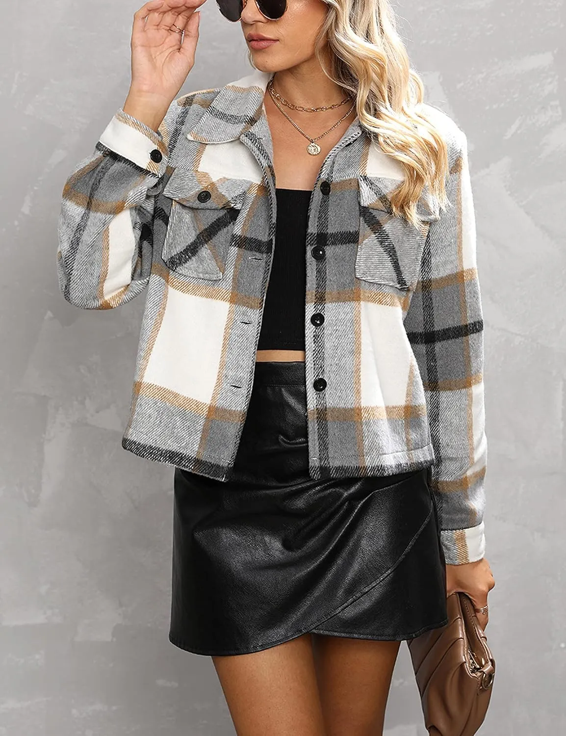 UANEO Womens Cropped Plaid Shacket Button Down Short Flannel Shirt Jacket with Pockets