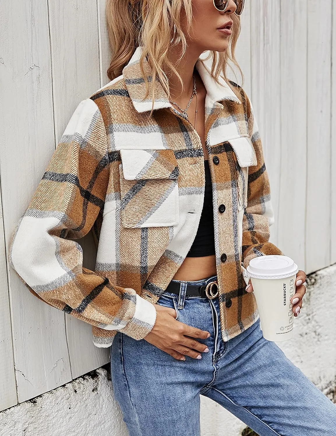 UANEO Womens Cropped Plaid Shacket Button Down Short Flannel Shirt Jacket with Pockets