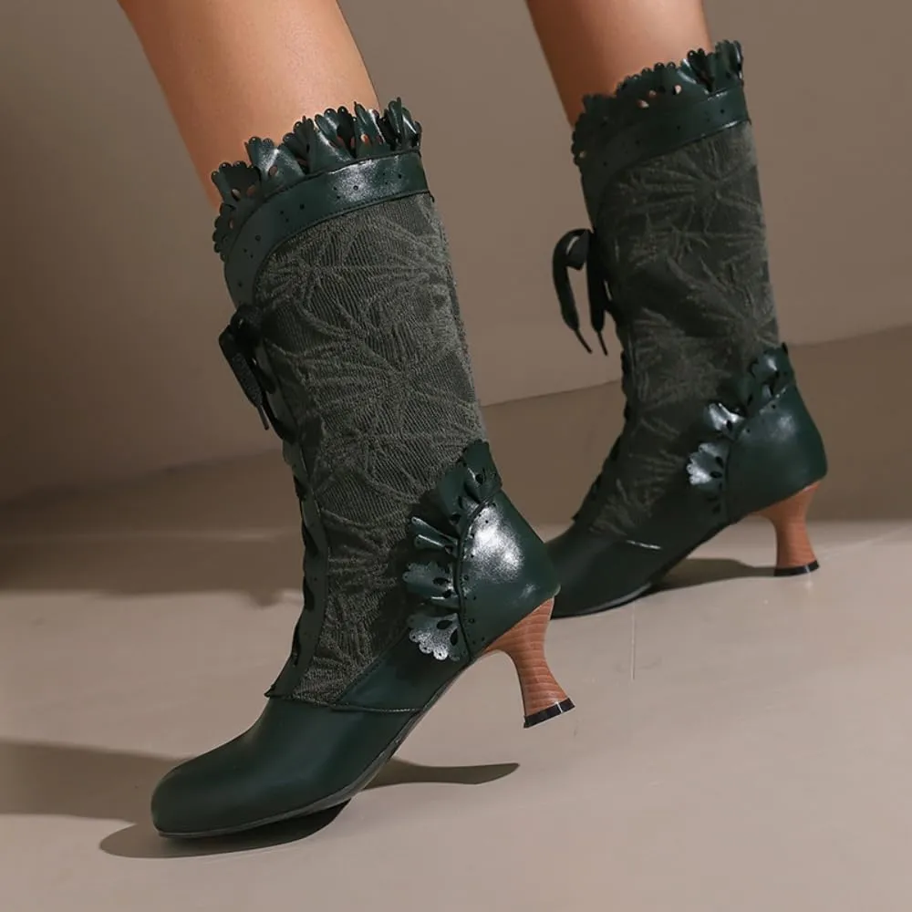 UniqueStride Women Lolita Kitten Heels Mid Calf Boots Mid Heel Sweet Bow Lace Up Cosplay Kawaii Dress Boots